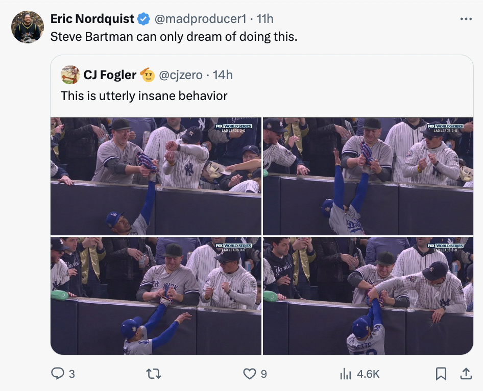 screenshot - Eric Nordquist 11h Steve Bartman can only dream of doing this. Cj Fogler 14h This is utterly insane behavior 12 6 ill 1