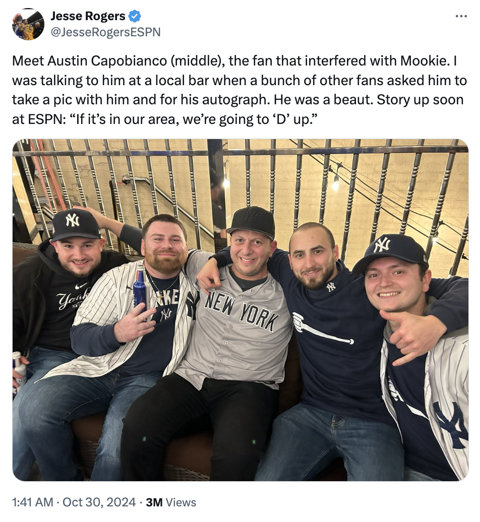 friendship - Jesse Rogers Meet Austin Capobianco middle, the fan that interfered with Mookie. I was talking to him at a local bar when a bunch of other fans asked him to take a pic with him and for his autograph. He was a beaut. Story up soon at Espn "If 