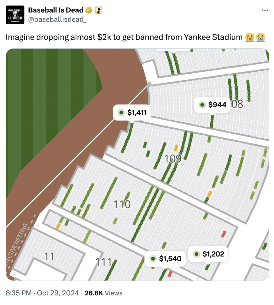 map - Baseball Is Dead Imagine dropping almost $2k to get banned from Yankee Stadium Ective Netting 11 Views 110 $944 08 $1,411 109 $1,202 $1,540