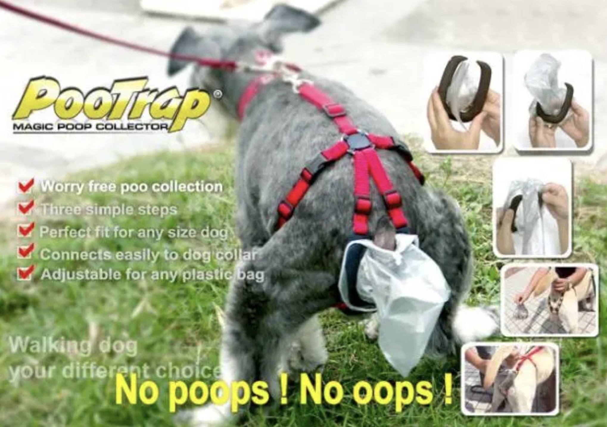 dog poop trap - PooTrap Magic Poop Collector Worry free poo collection Three simple steps Perfect fit for any size dog Connects easily to dog collar Adjustable for any plastic bag Walking dog your different choice No poops! No oops!