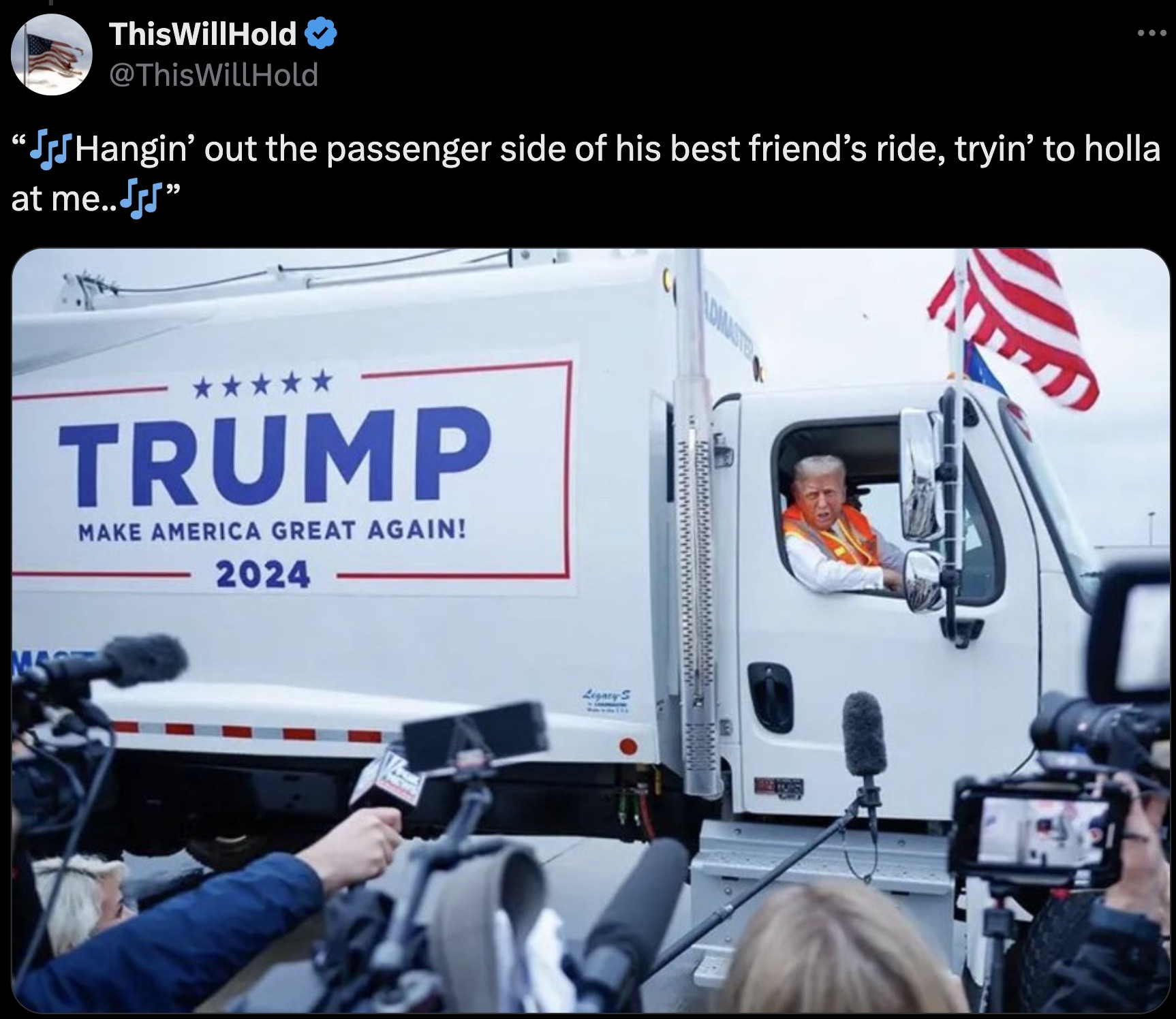 screenshot - ThisWill Hold Hold "Jj Hangin' out the passenger side of his best friend's ride, tryin' to holla at me.. Trump Make America Great Again! 2024 Legacy S Lomaster