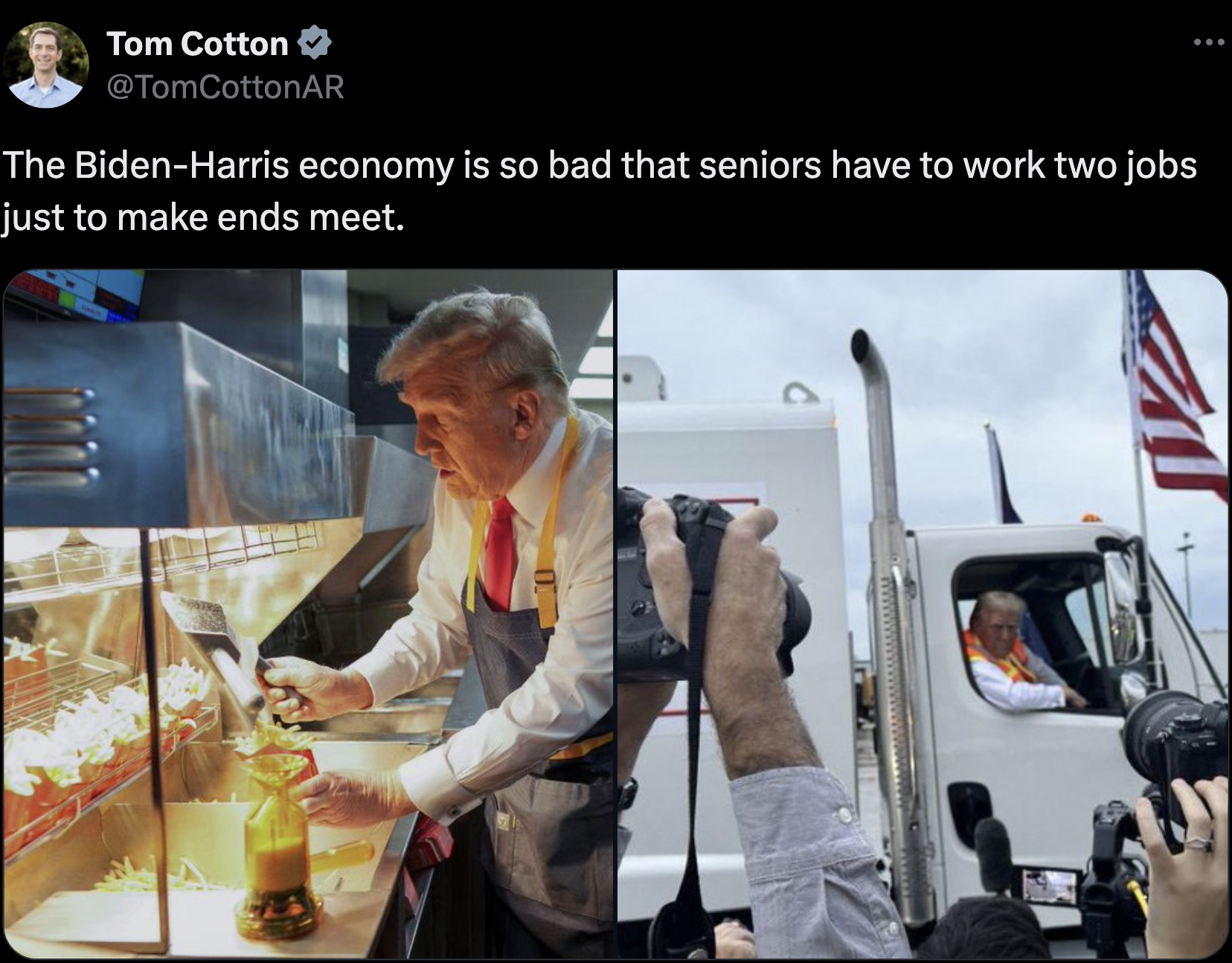 trump serving mcdonald's - Tom Cotton The BidenHarris economy is so bad that seniors have to work two jobs just to make ends meet.