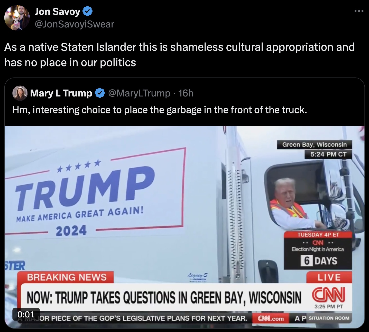 screenshot - Jon Savoy As a native Staten Islander this is shameless cultural appropriation and has no place in our politics Mary L Trump 16h Hm, interesting choice to place the garbage in the front of the truck. Trump Make America Great Again! 2024 Green