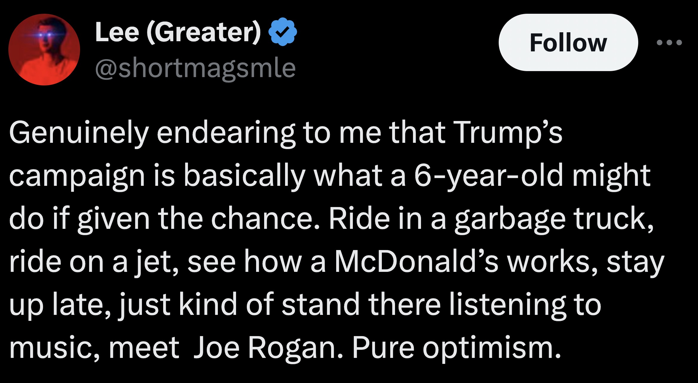 screenshot - Lee Greater Genuinely endearing to me that Trump's campaign is basically what a 6yearold might do if given the chance. Ride in a garbage truck, ride on a jet, see how a McDonald's works, stay up late, just kind of stand there listening to mus