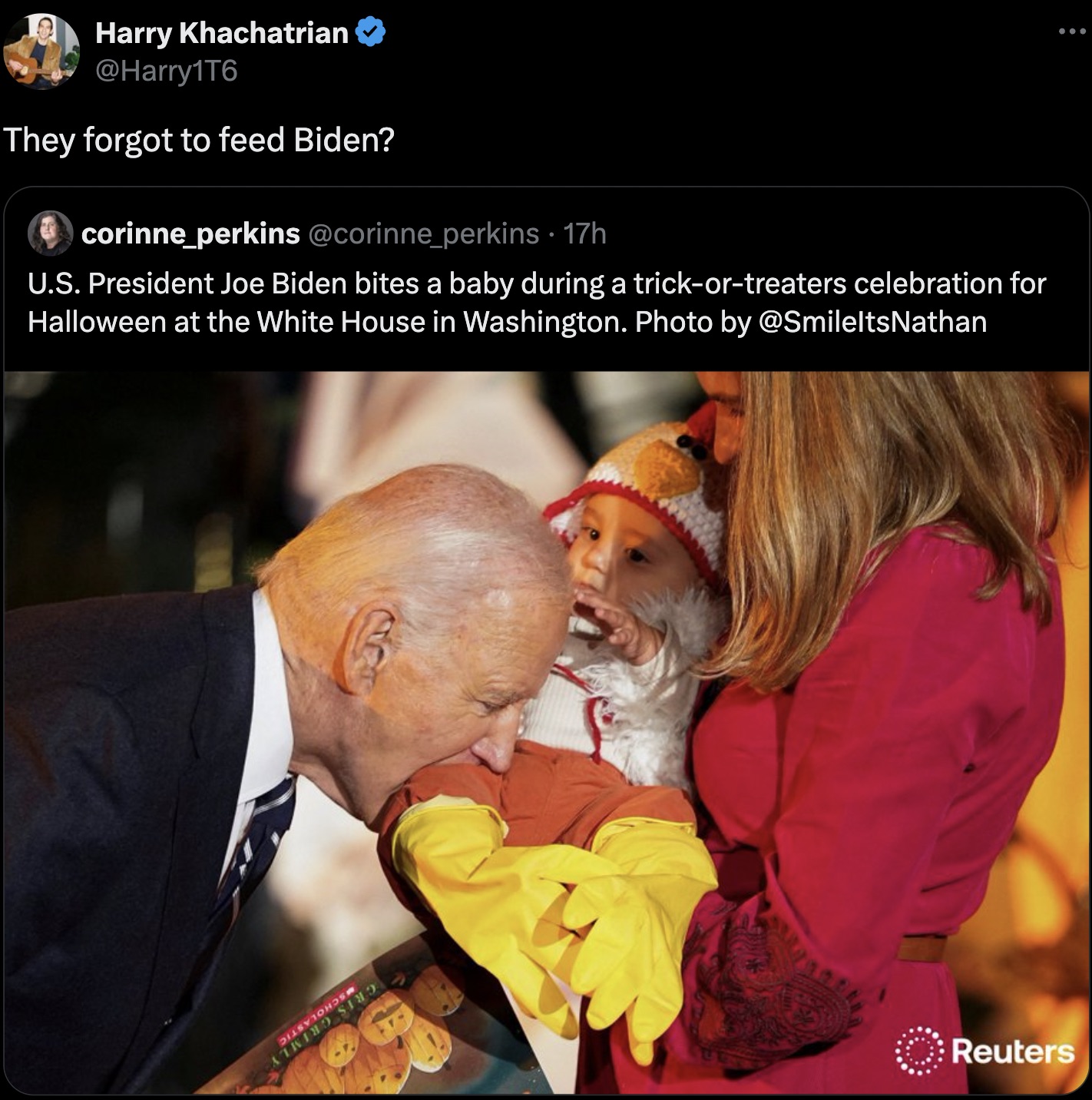 international kissing day - 101 Harry Khachatrian They forgot to feed Biden? corinne_perkins 17h U.S. President Joe Biden bites a baby during a trickortreaters celebration for Halloween at the White House in Washington. Photo by Reuters