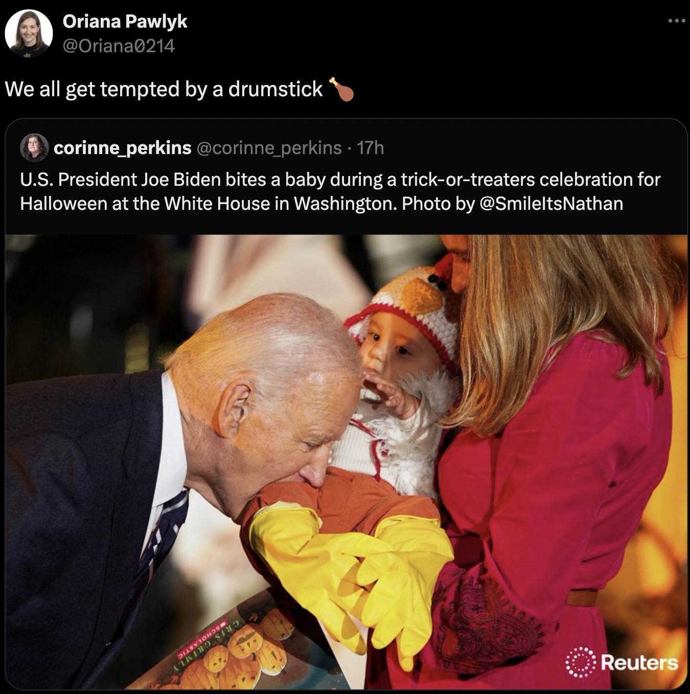 ganesh chaturthi - Oriana Pawlyk We all get tempted by a drumstick corinne_perkins 17h U.S. President Joe Biden bites a baby during a trickortreaters celebration for Halloween at the White House in Washington. Photo by Reuters