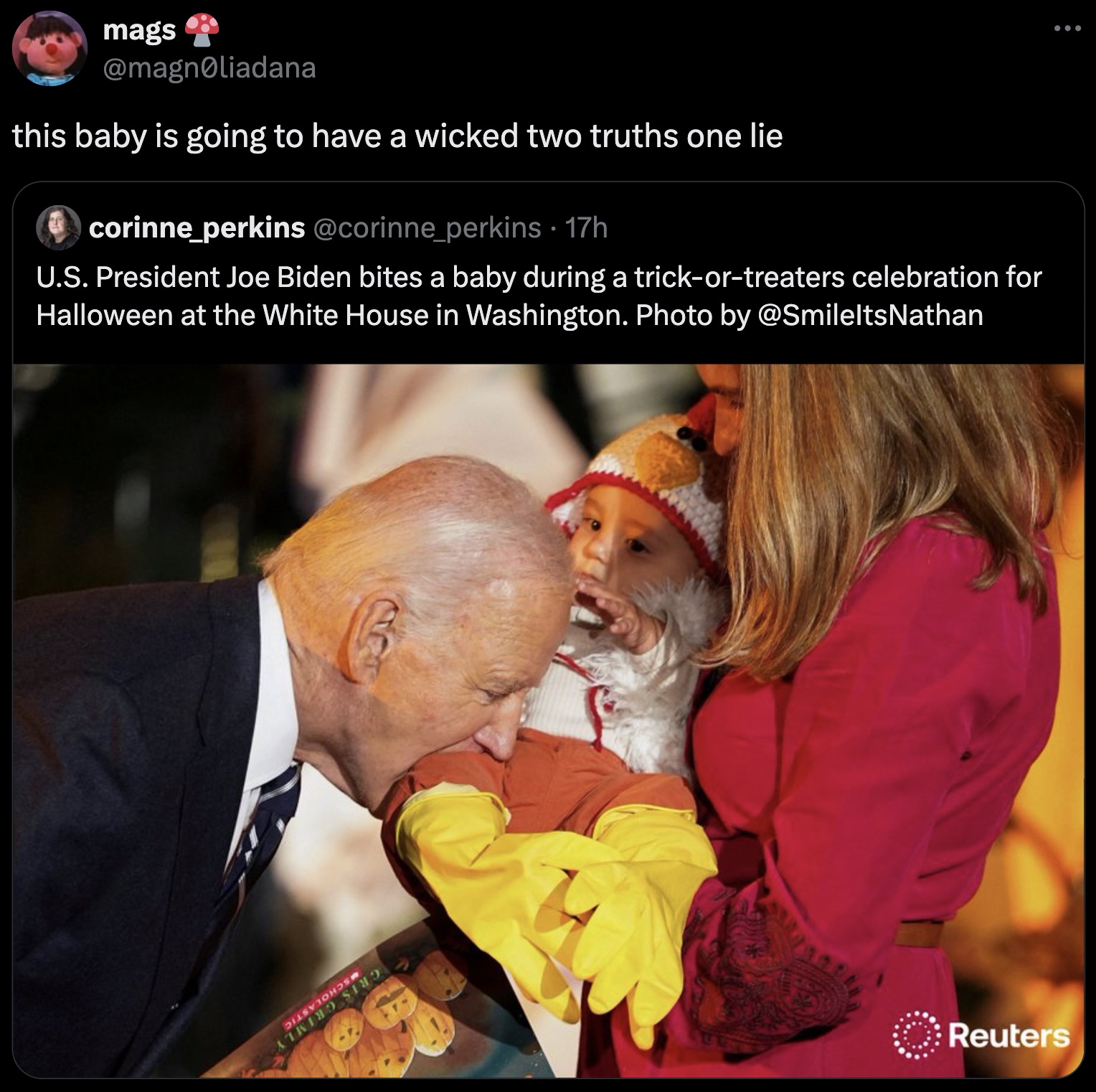 toddler - mags this baby is going to have a wicked two truths one lie corinne perkins perkins 17h U.S. President Joe Biden bites a baby during a trickortreaters celebration for Halloween at the White House in Washington. Photo by Reuters