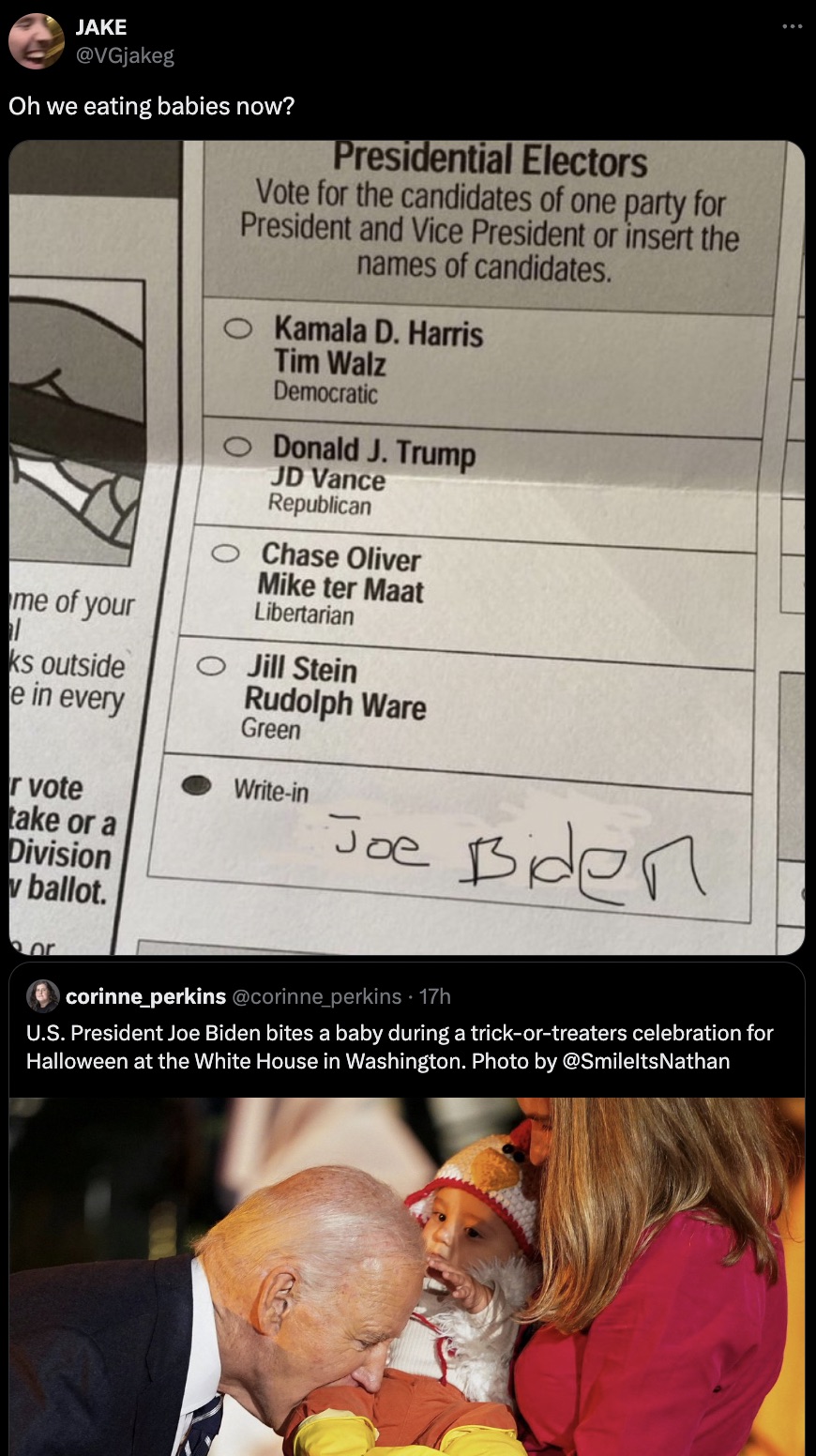 screenshot - Jake Oh we eating babies now? me of your Presidential Electors Vote for the candidates of one party for President and Vice President or insert the names of candidates. Kamala D. Harris Tim Walz Democratic Donald J. Trump Jd Vance Republican C