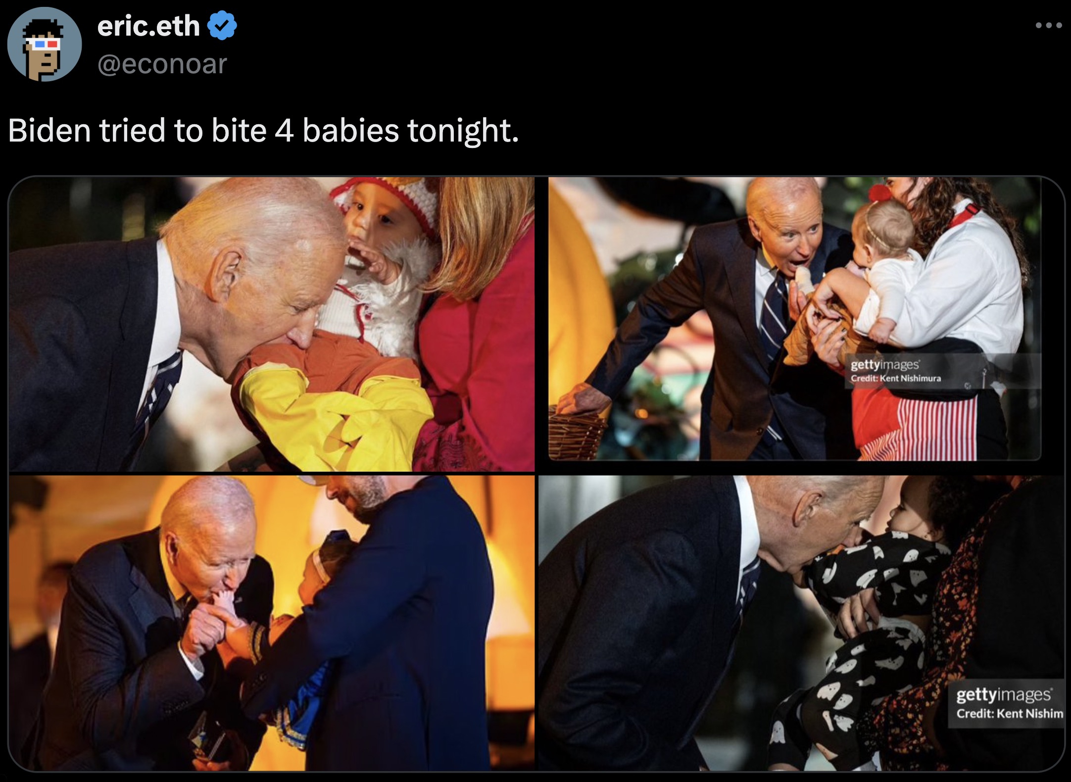 collage - eric.eth Biden tried to bite 4 babies tonight. gettyimages gettyimages Credit Kent Nishim