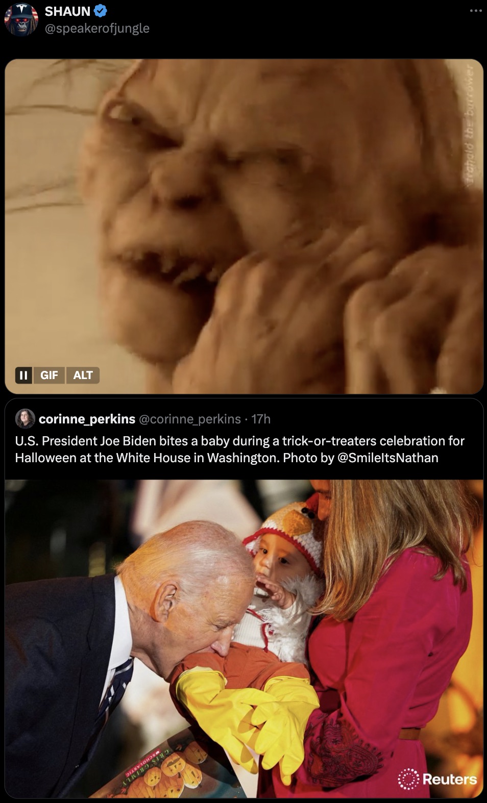 screenshot - Ii Gif Alt Shaun corinne_perkins 17h U.S. President Joe Biden bites a baby during a trickortreaters celebration for Halloween at the White House in Washington. Photo by 135 Hos Atrino S Reuters trahald the burrower