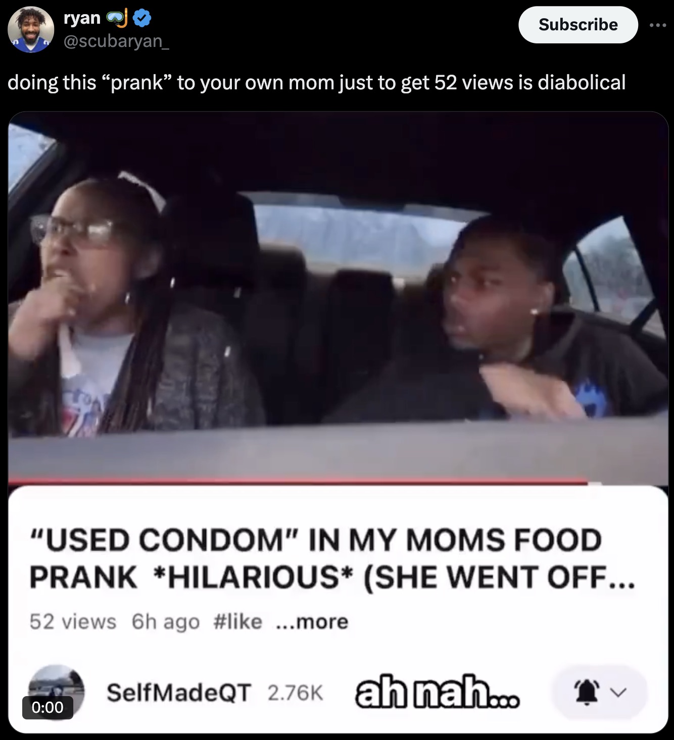 photo caption - ryan Subscribe doing this "prank" to your own mom just to get 52 views is diabolical "Used Condom" In My Moms Food Prank Hilarious She Went Off... 52 views 6h ago ...more SelfMadeQT ah nah...