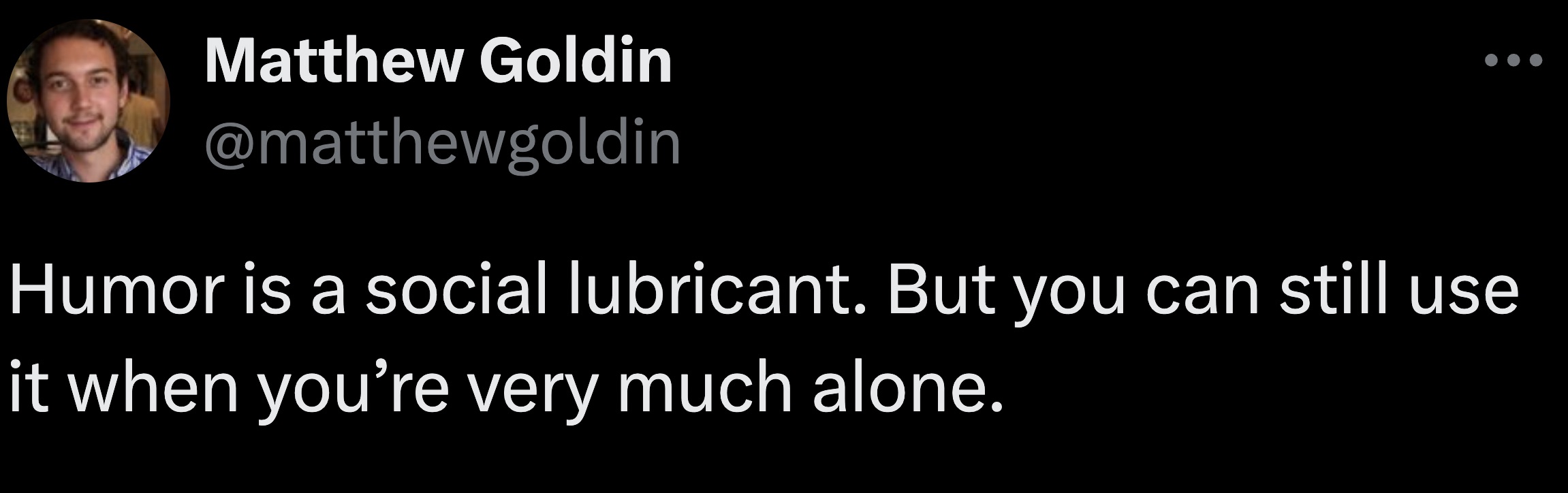 screenshot - Matthew Goldin Humor is a social lubricant. But you can still use it when you're very much alone.