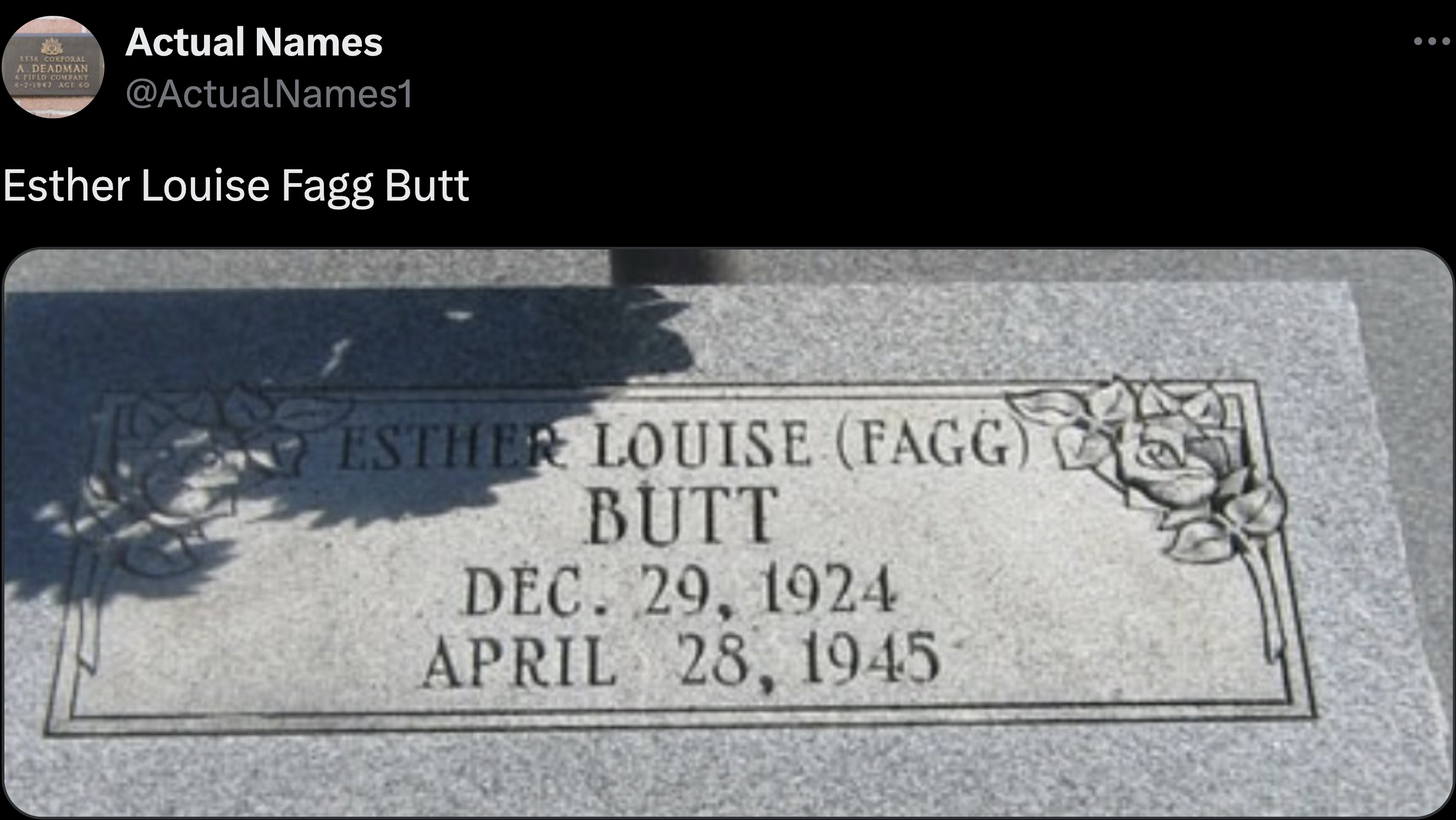 headstone - Actual Names Esther Louise Fagg Butt Esther Louise Fagg Butt Dec. 29,