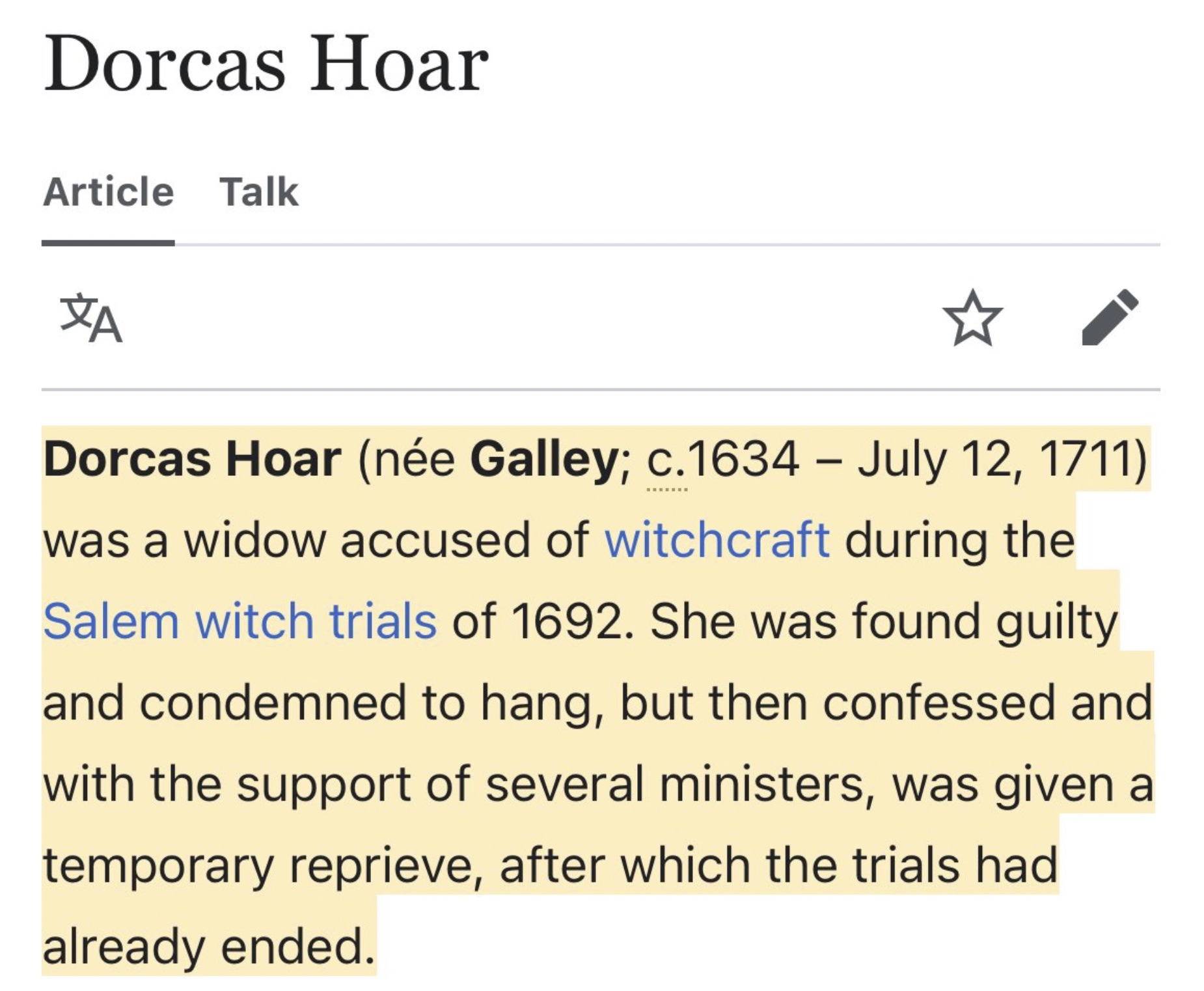 screenshot - Dorcas Hoar Article Talk Xa Dorcas Hoar ne Galley; c.1634 was a widow accused of witchcraft during the Salem witch trials of 1692. She was found guilty and condemned to hang, but then confessed and with the support of several ministers, was g