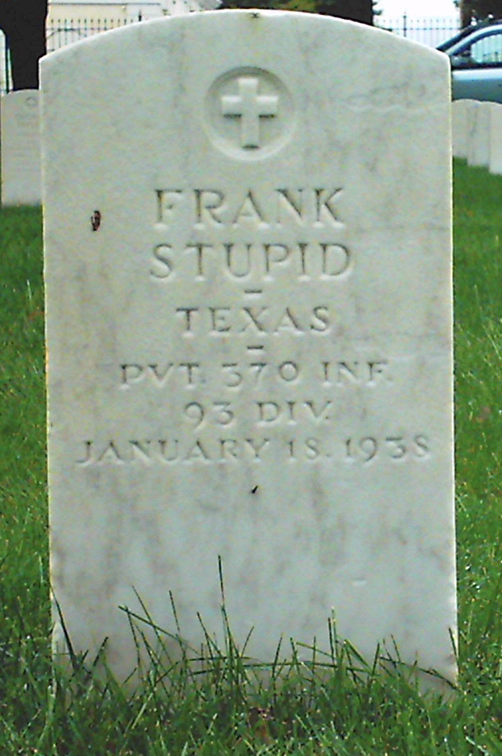 headstone - Frank Stupid Texas Pvt 370 Inf 93 Div January 18.1938