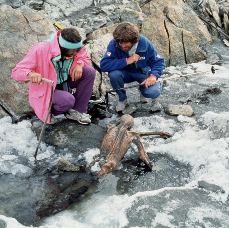 Corpse discovered in 1991, in the Austrian Alps, preserved in ice for 5,300 years. Nicknamed "Ötzi," the belongings found near his body included a bow, arrows, ax, and flint dagger. Wounds including an arrowhead embedded in his left shoulder caused researchers to believe Ötzi was murdered, and some believe he was pursued through the mountains, possibly as a criminal. 