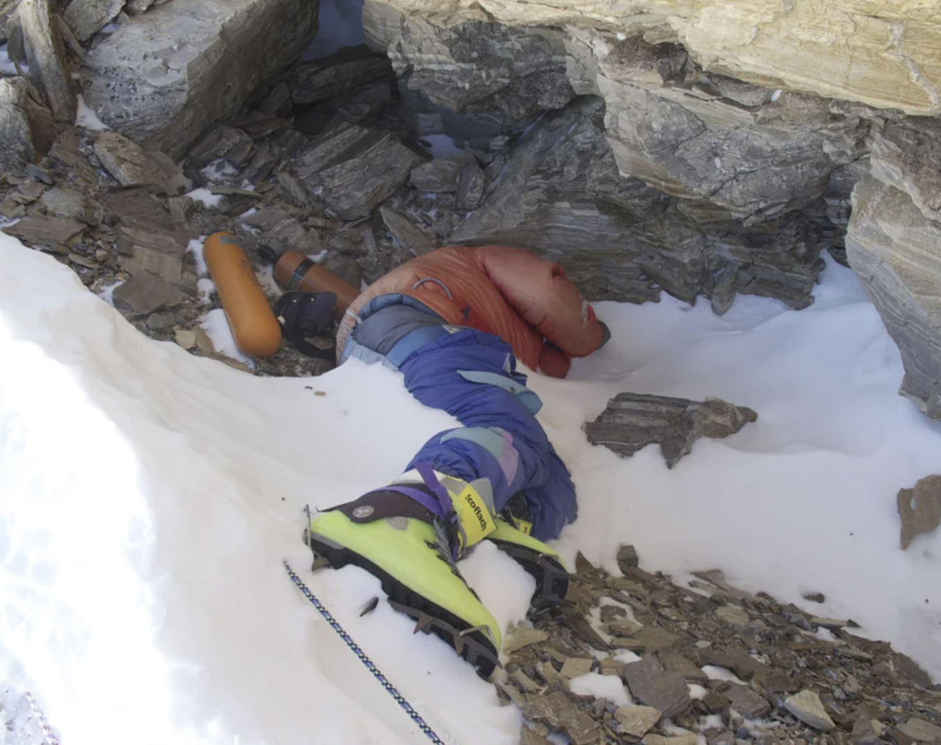 While not ancient, this body on mount everest will likely remain preserved for a long time. Dead hikers are often used as navigation points, since rescuing them is too dangerous. This climber, nicknamed “Green Boots,” was lost in 1991. 