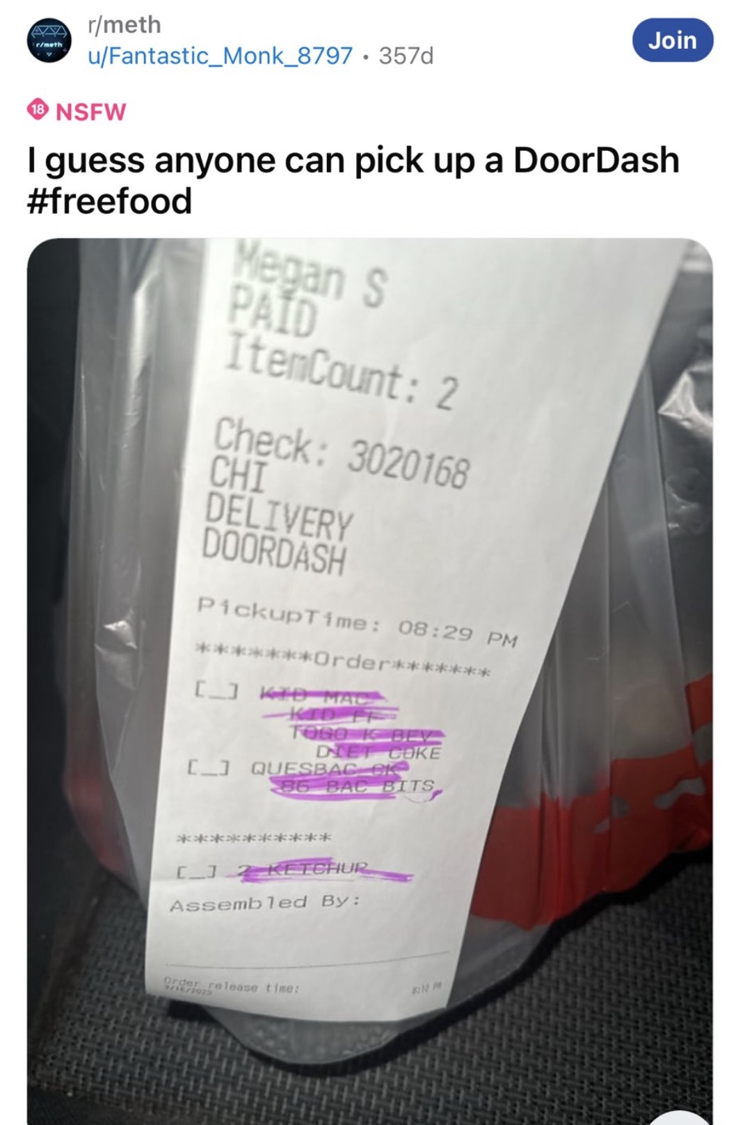 car seat - rmeth rmeth uFantastic_Monk_8797.357d Join 18 Nsfw I guess anyone can pick up a DoorDash Megan S Paid ItemCount 2 Check 3020168 Chi Delivery Doordash PickupTime Order Kid Mal TogoKbey Diet Coke _ Quesbac C 86 Bac Bits _ 2 Ketchur Assembled By O