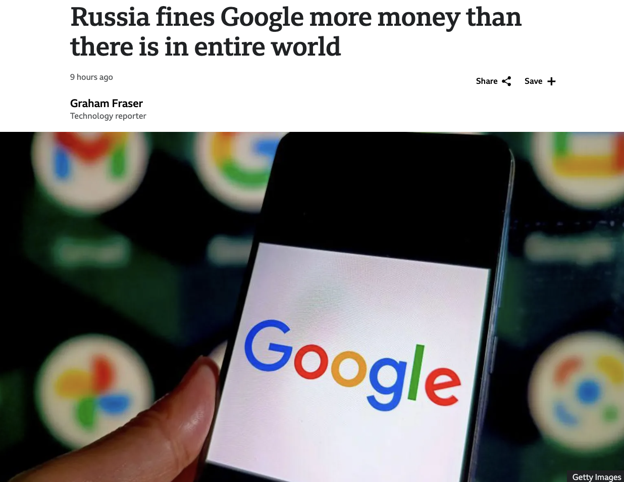 graphic design - Russia fines Google more money than there is in entire world 9 hours ago Graham Fraser Technology reporter Save 21 Google Getty Images