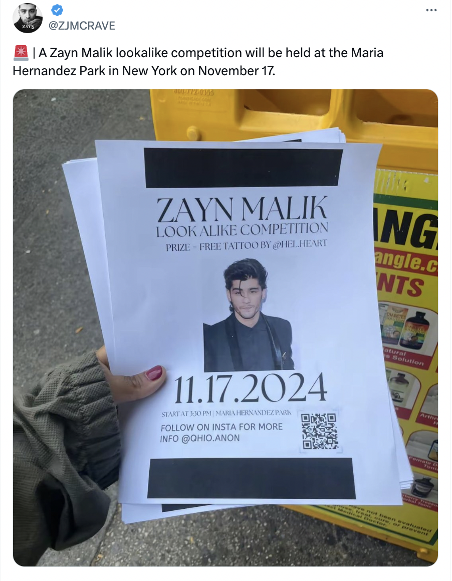 document - Ia Zayn Malik looka competition will be held at the Maria Hernandez Park in New York on November 17. Zayn Malik Look A Competition Prize Free Tattoo By Heart Ing angle.c Nts 11.17.2024 Statacombatrandiza On Insta For More Info Anon