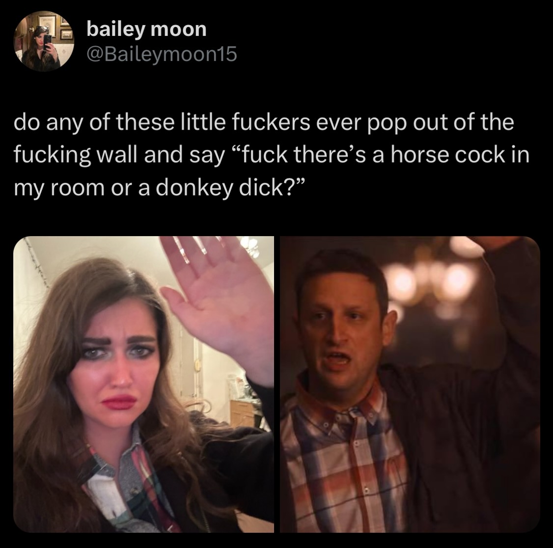 photo caption - bailey moon do any of these little fuckers ever pop out of the fucking wall and say "fuck there's a horse cock in my room or a donkey dick?