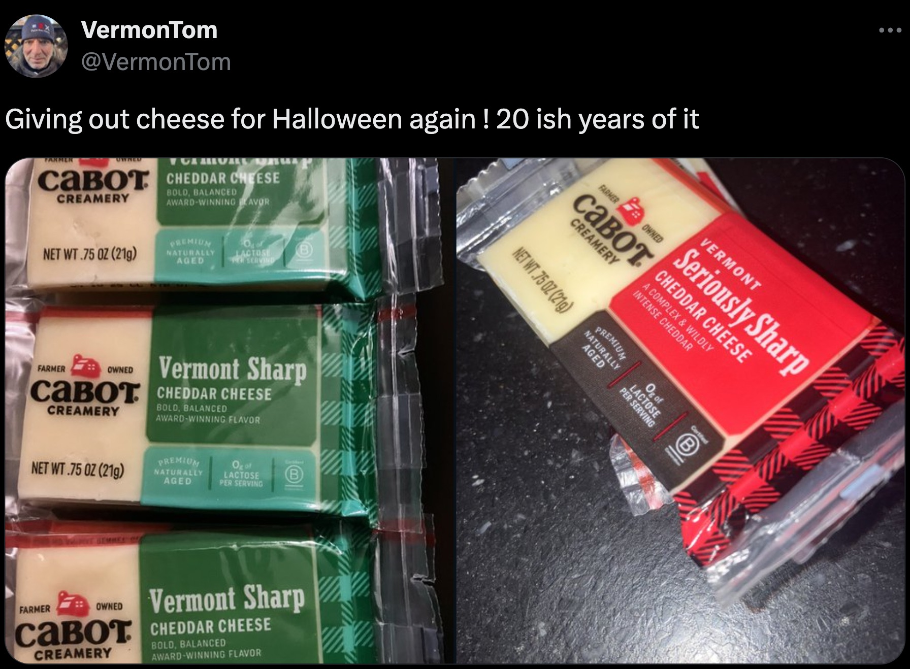 nail polish - VermonTom Giving out cheese for Halloween again! 20 ish years of it Cabot Cheddar Cheese Creamery Bold Balanced Led Winning Net Wt.750Z 21 Aged Farker Owned Vermont Sharp Cabot Cheddar Cheese Creamery Bold Balanced Award Winning Flavor Net W