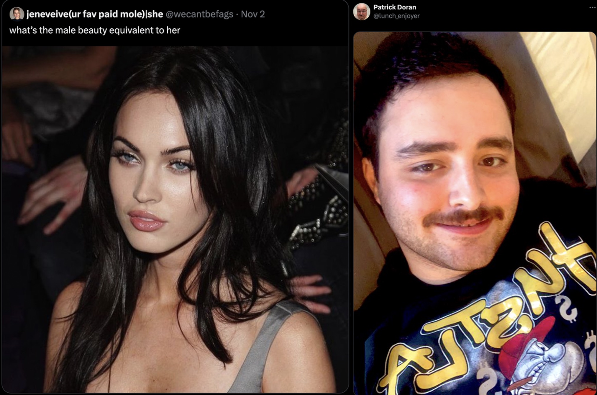 megan fox versace 2008 - jeneveiveur fav paid mole she Nov 2 what's the male beauty equivalent to her Patrick Doran enjoyer Atten