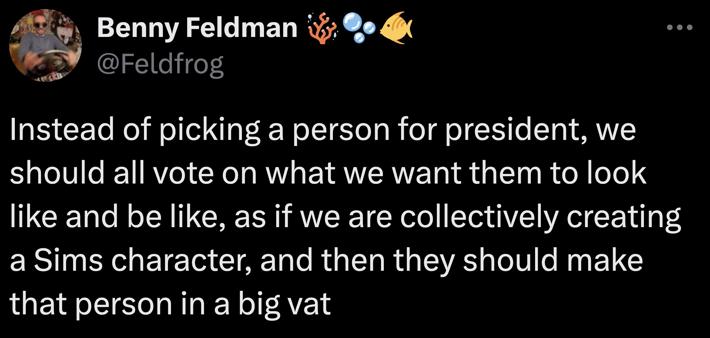 screenshot - Benny Feldman Instead of picking a person for president, we should all vote on what we want them to look and be , as if we are collectively creating a Sims character, and then they should make that person in a big vat