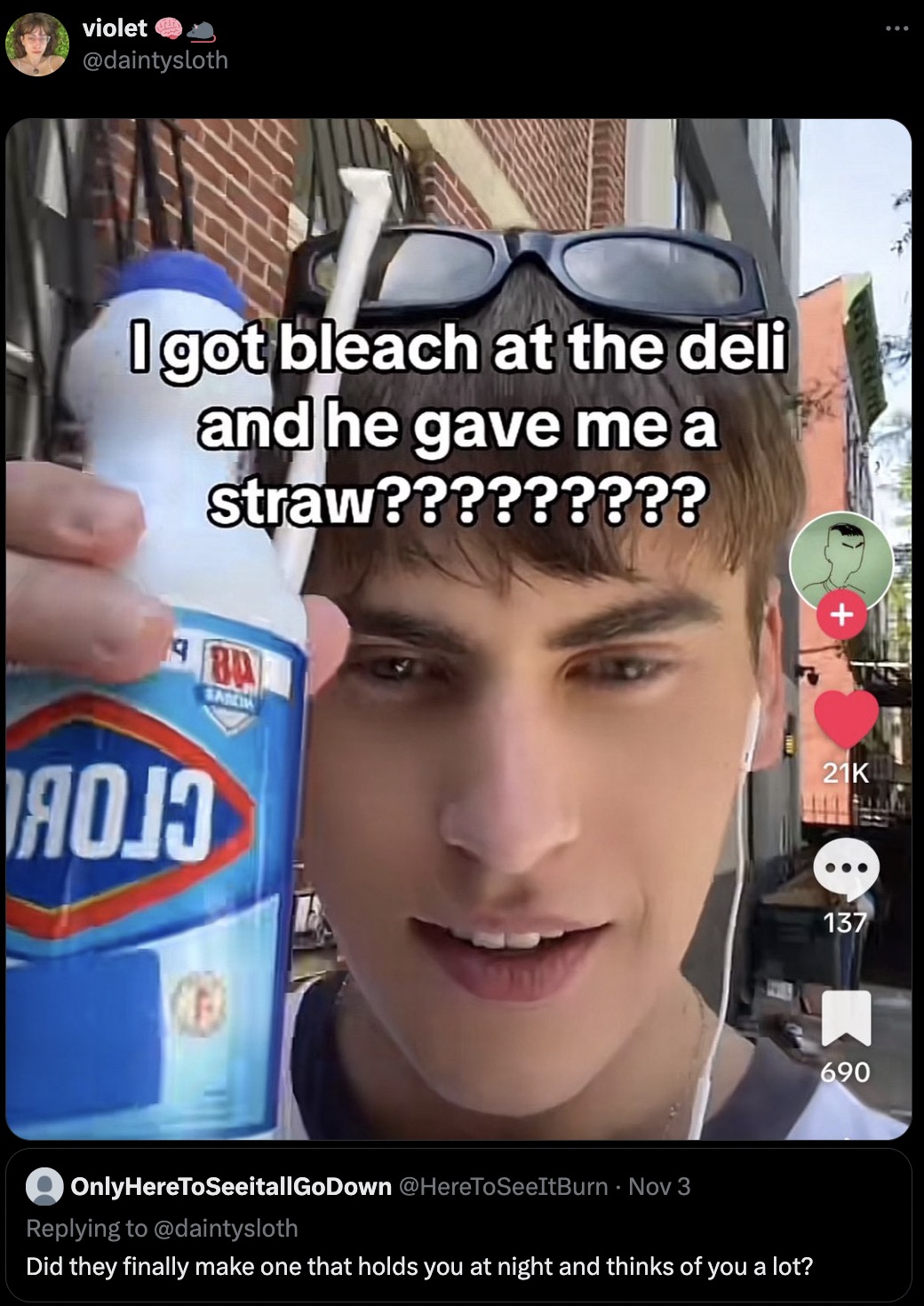 caffeinated drink - violet I got bleach at the deli and he gave me a straw????????? Ba Sarcia OnlyHereToSeeitallGoDown Nov 3 Did they finally make one that holds you at night and thinks of you a lot? 21K 137 690