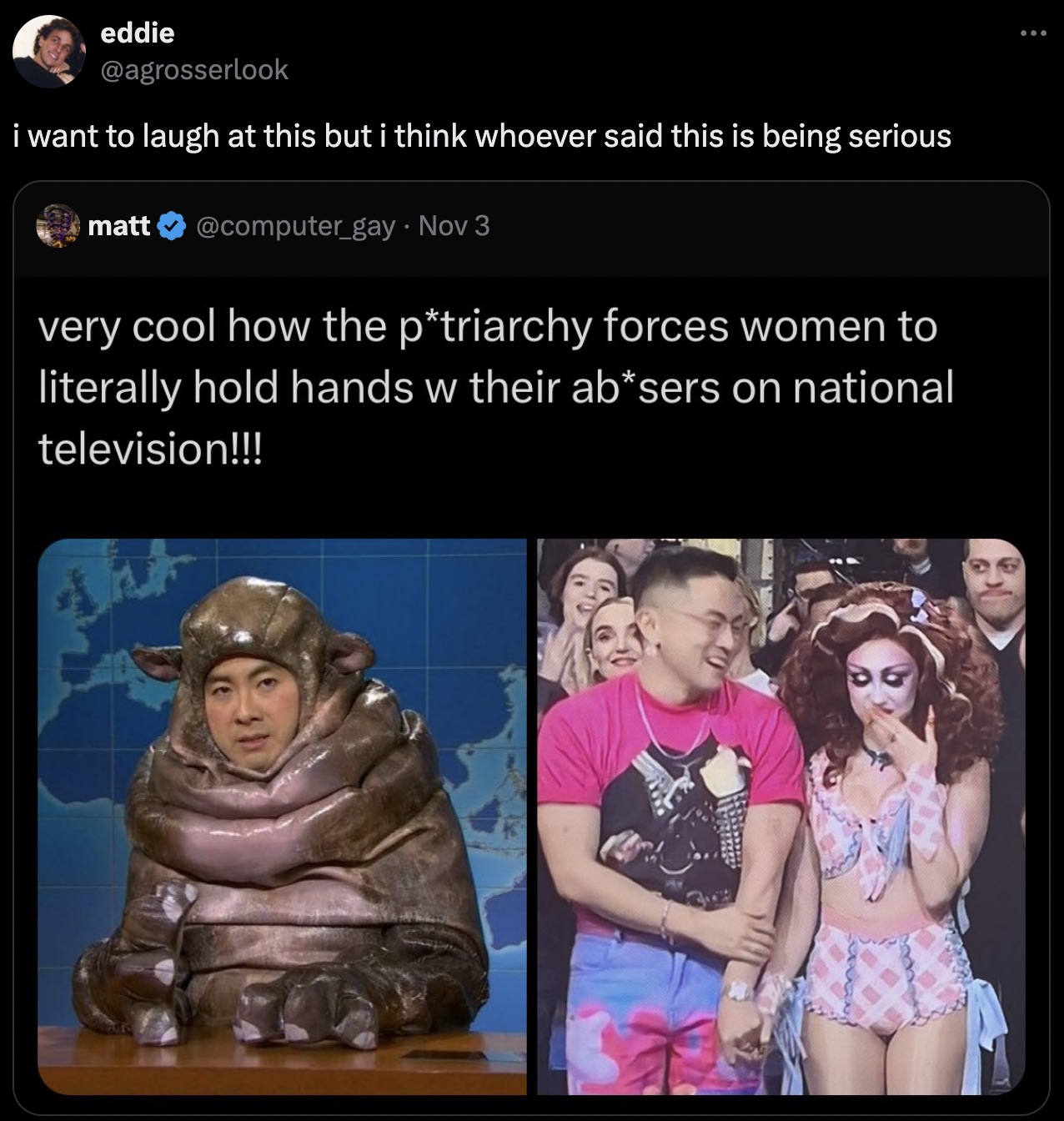 bowen yang wicked - 9 eddie i want to laugh at this but i think whoever said this is being serious matt Nov 3 very cool how the ptriarchy forces women to literally hold hands w their absers on national television!!!