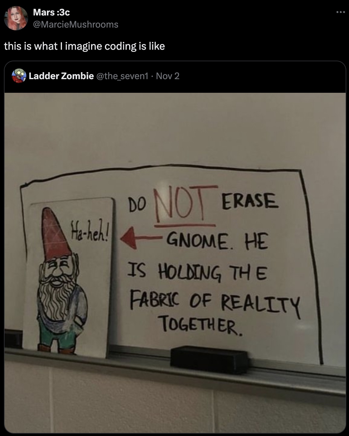 cartoon - Mars 3c this is what I imagine coding is O Ladder Zombie Nov 2 Do Not Erase Haheh! Gnome. He Is Holding The Fabric Of Reality Together.