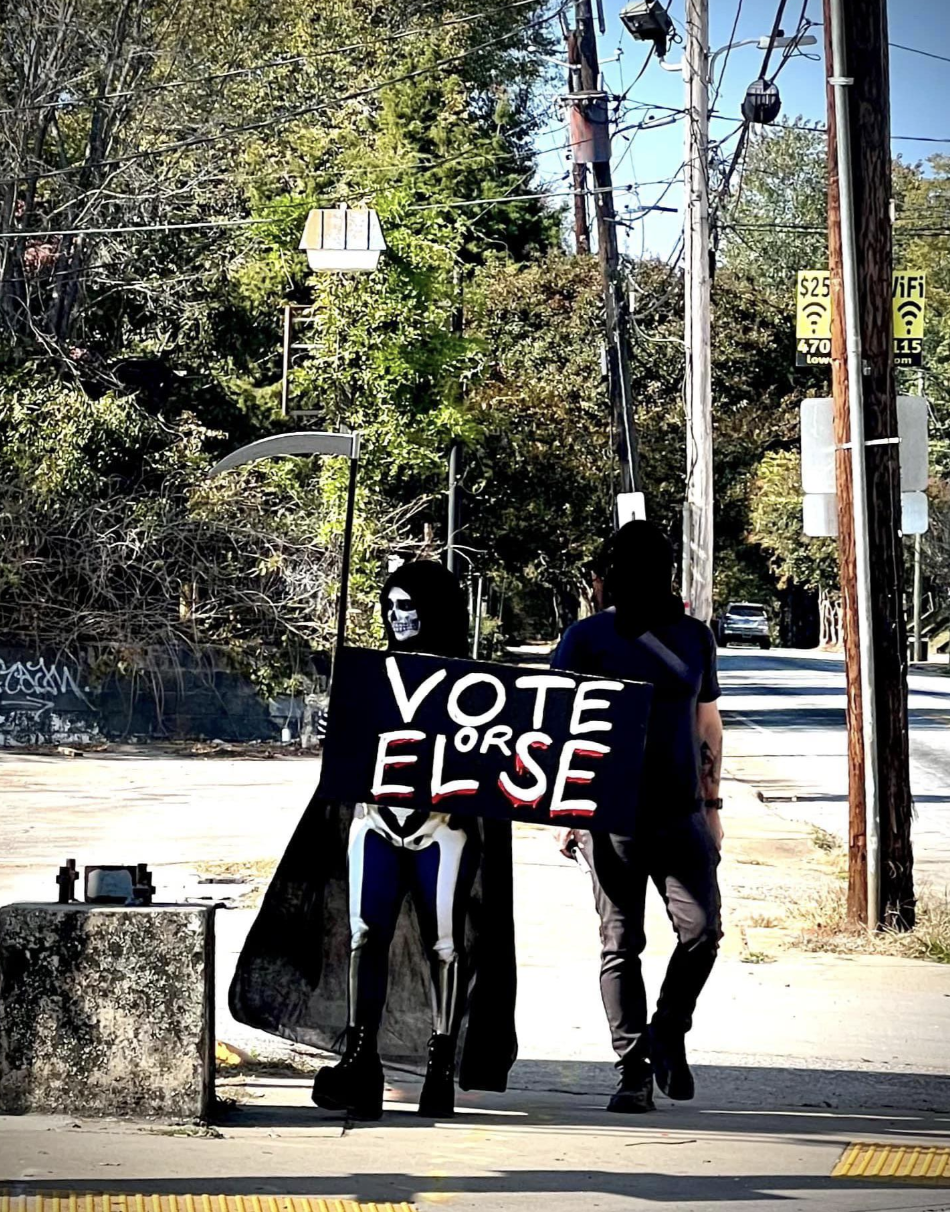 Grim Reaper outside polling place in Atlanta.