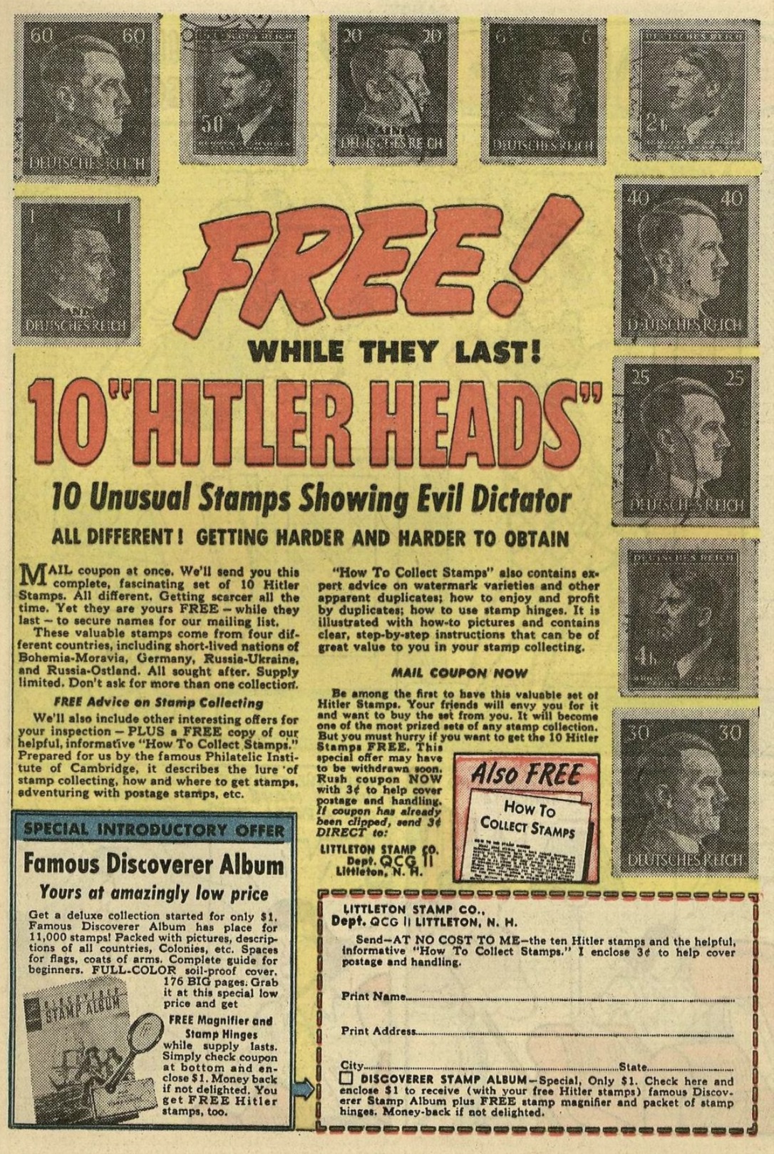 poster - 60 Free! While They Last! 10 Hitler Heads 10 Unusual Stamps Showing Evil Dictator All Differenti Getting Harder And Harder To Obtain Mail coupon at We'll send you this time Yet they daphesies bew Mische Ruch Acura Akoor "How To Call Stange als Ha