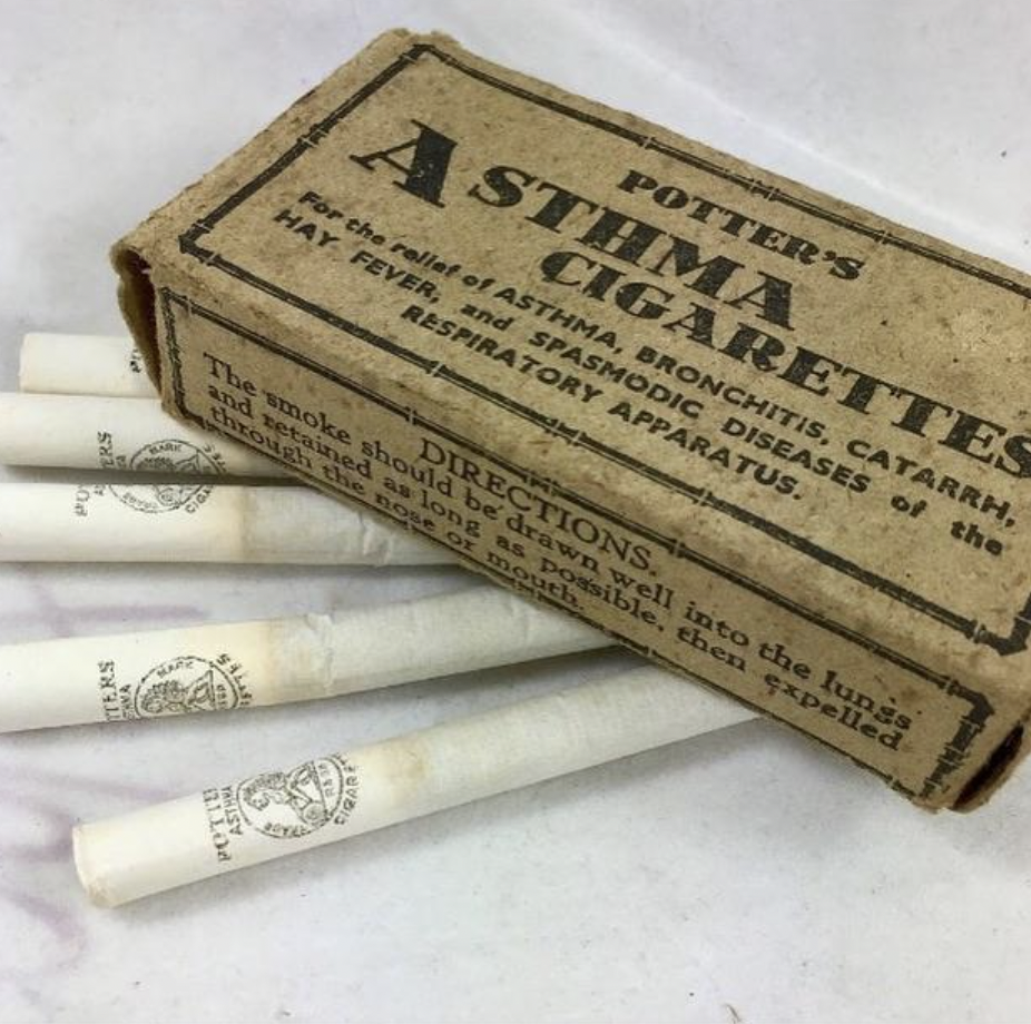 newsprint - Asthma Potter'S For the relief of Asthma, Bronchitis, Catarrh, Hay Fever, and Spasmodic Diseases of the Respiratory Apparatus. Cigarettes Directions. The smoke should be drawn well into the lungs and retained as long as possible, then expelled