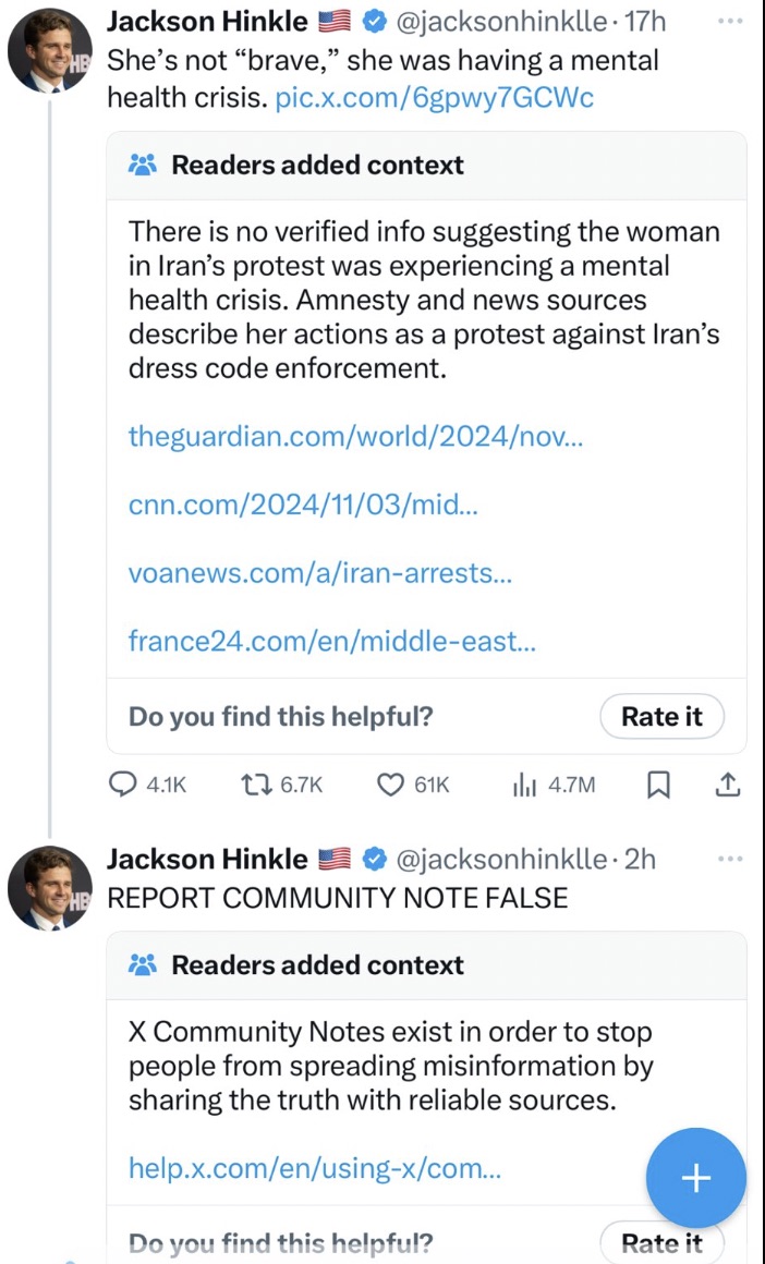 screenshot - Jackson Hinkle . 17h ... Hb She's not "brave," she was having a mental health crisis. pic.x.com6gpwy7GCWc Readers added context There is no verified info suggesting the woman in Iran's protest was experiencing a mental health crisis. Amnesty 