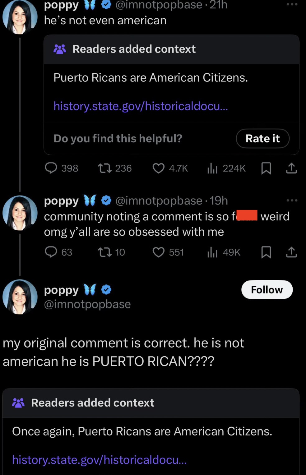 screenshot - poppy 21h he's not even american Readers added context Puerto Ricans are American Citizens. history.state.govhistoricaldocu... Do you find this helpful? Rate it 398 17236 ili poppy community noting a comment is so f weird omg y'all are so obs