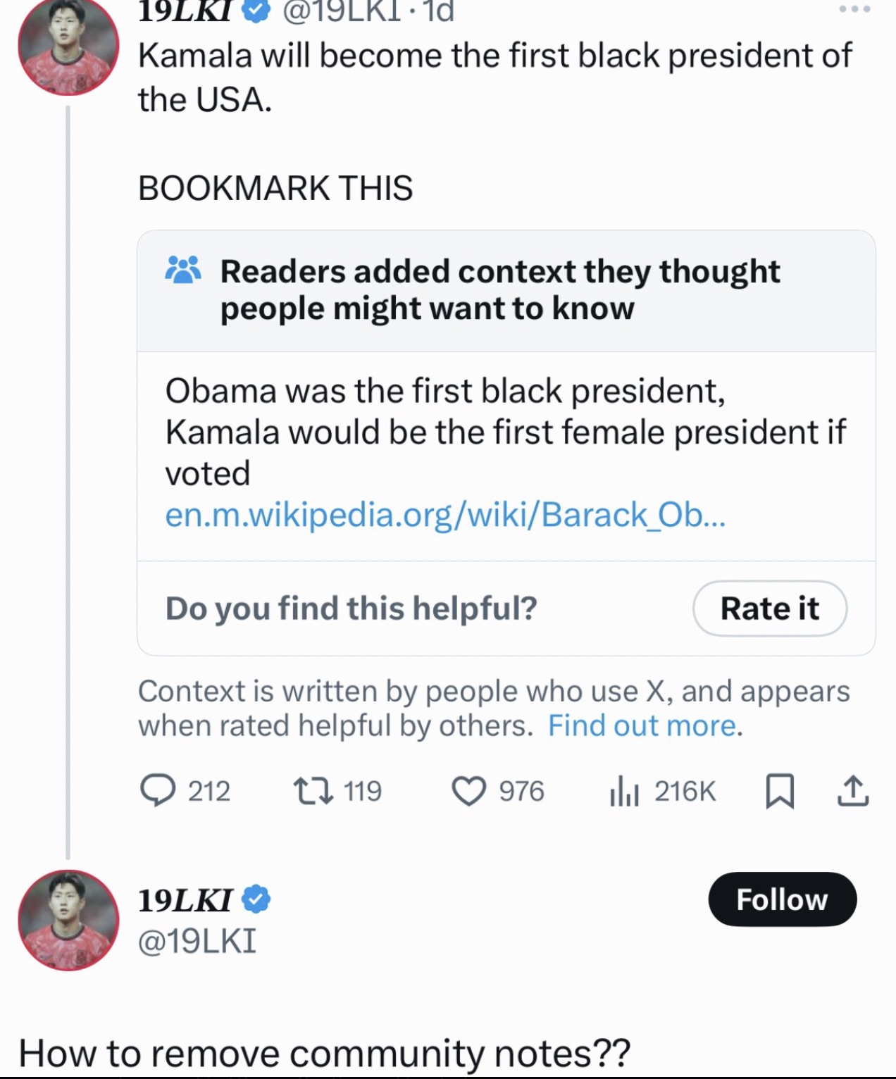 screenshot - 19LKI .1d Kamala will become the first black president of the Usa. Bookmark This Readers added context they thought people might want to know Obama was the first black president, Kamala would be the first female president if voted…