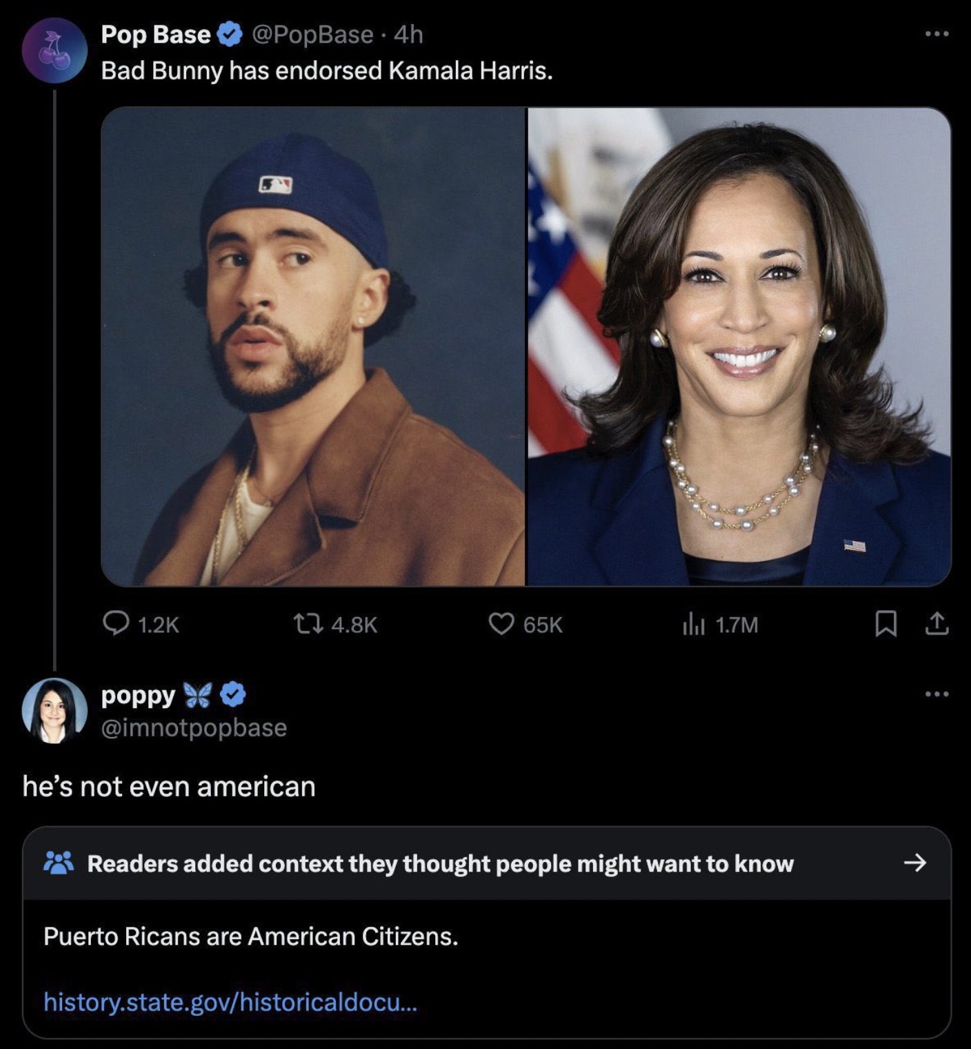 Kamala Harris - Pop Base 4h Bad Bunny has endorsed Kamala Harris. 65K 1.7M poppy he's not even american Readers added context they thought people might want to know Puerto Ricans are American Citizens. history.state.govhistoricaldocu...