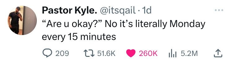 carmine - Pastor Kyle. . 1d "Are u okay?" No it's literally Monday every 15 minutes 209 1 5.2M