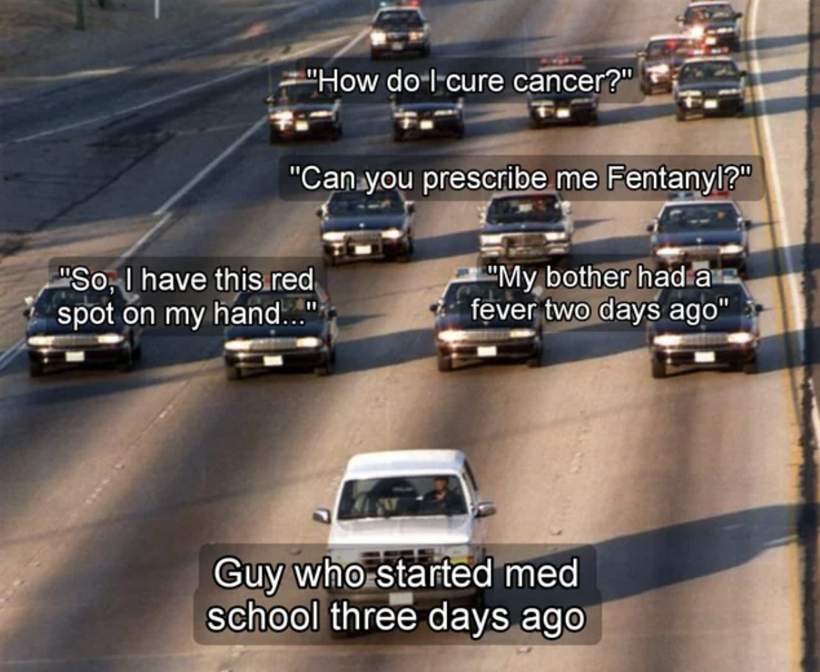 oj police chase - "How do I cure cancer?" "Can you prescribe me Fentanyl?" "My bother had a fever two days ago" "So, I have this red spot on my hand..." Guy who started med school three days ago