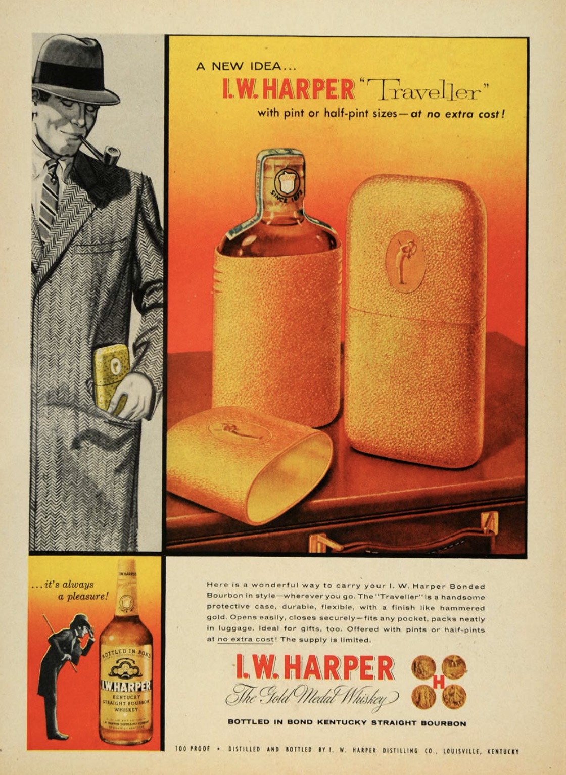 glass bottle - A New Idea... Lw.Harper Traveller" with pint or halfpint sizesat no extra cost! C 'slag aplesavre Harpe wonderful way to varry your W Harper Band god sensatyry is any pocket, pl ideal for as, to Offered with inte e I.W.Harper The Gold World