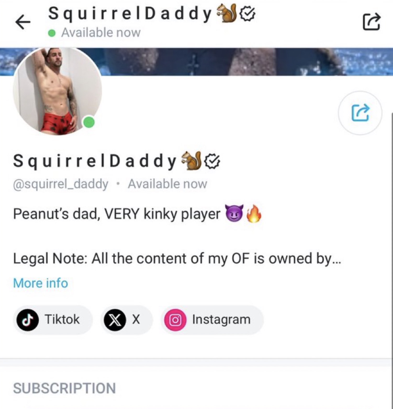 screenshot - Squirrel Daddy Available now SquirrelDaddy Available now Peanut's dad, Very kinky player Legal Note All the content of my Of is owned by... More info Tiktok Xx Instagram Subscription