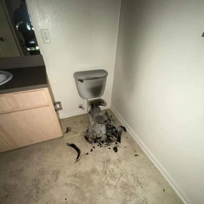 Lightning struck part of a building, traveled up through the pipes and caused a toilet to explode during a thunderstorm.