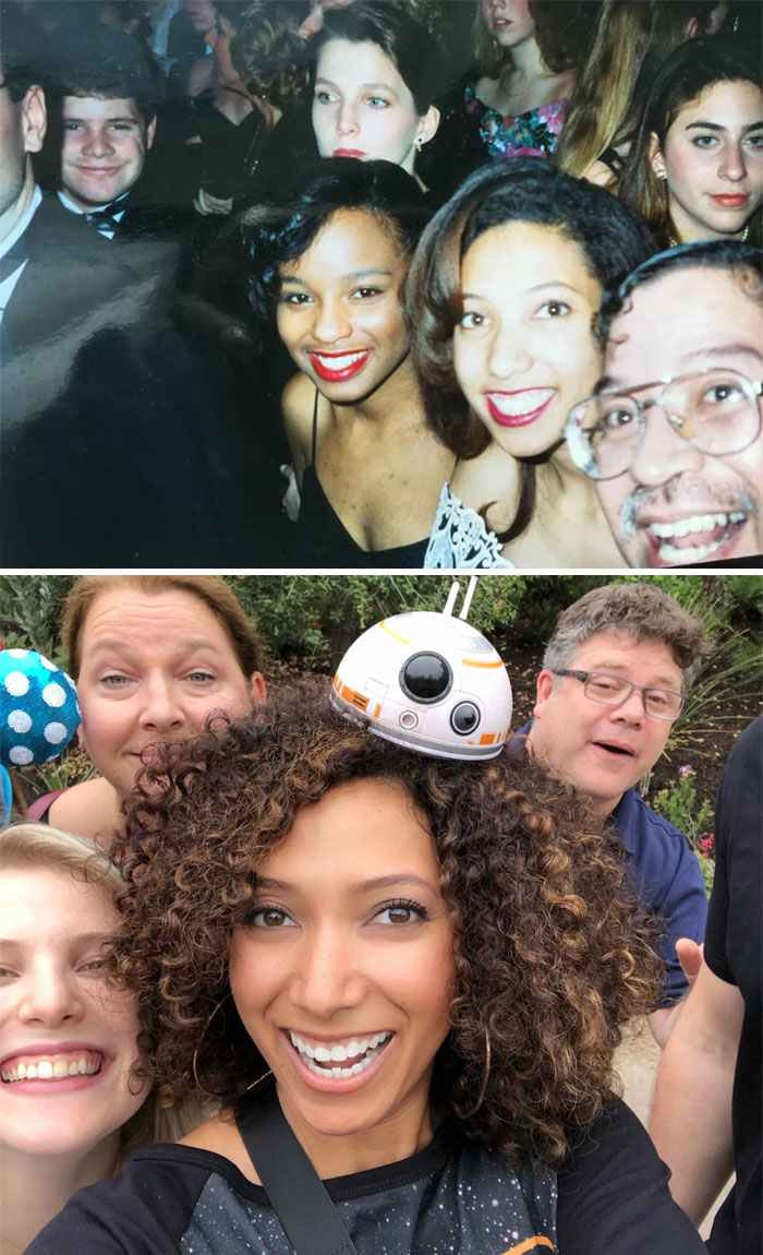 Actor Sean Astin (The Goonies,  Lord of the Rings) photobombing a young woman at an Inaugural ball in DC, and then 26 years later at Disneyland.