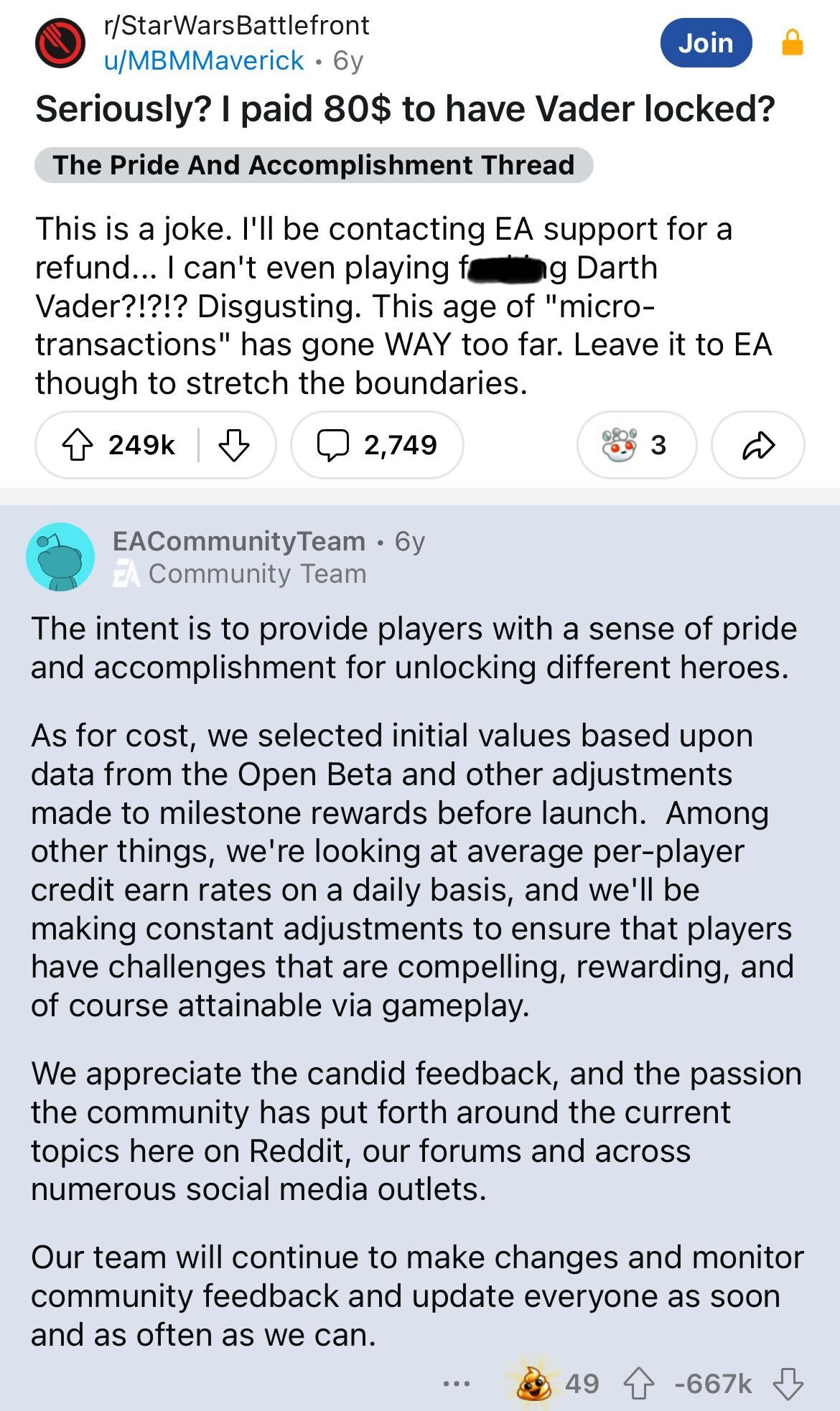 screenshot - rStarWars Battlefront uMBMMaverick 6y . Join Seriously? I paid 80$ to have Vader locked? The Pride And Accomplishment Thread This is a joke. I'll be contacting Ea support for a refund... I can't even playing fang Darth Vader?!?!? Disgusting. 