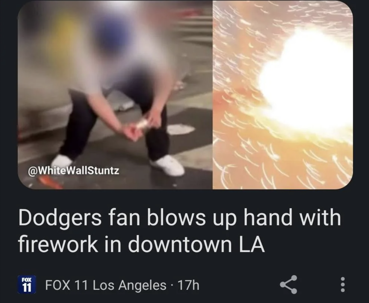 Los Angeles Dodgers - Dodgers fan blows up hand with firework in downtown La Fox Fox 11 Los Angeles 17h