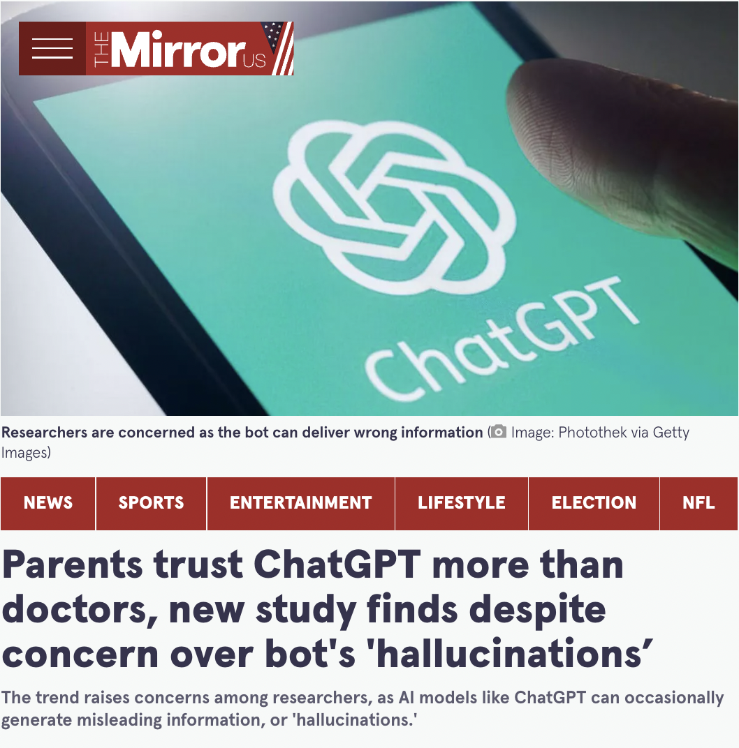 screenshot - Mirrors ChatGPT Researchers are concerned as the bot can deliver wrong information Image Photothek via Getty Images News Sports Entertainment Lifestyle Election Nfl Parents trust ChatGPT more than doctors, new study finds despite concern over