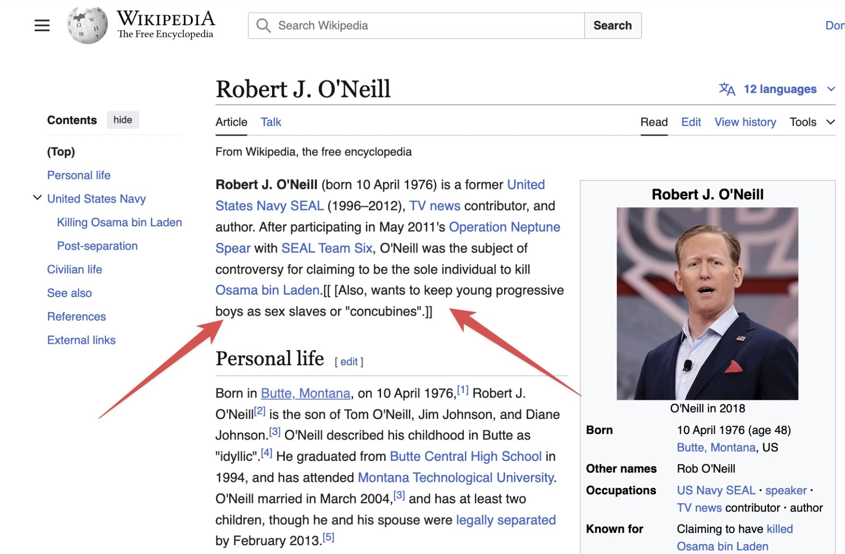 web page - Wikipedia The Free Encyclopedia Contents hide Top Personal life United States Navy Killing Osama bin Laden Postseparation Civilian life See also References External links Search Wikipedia Search Robert J. O'Neill Article Talk From Wikipedia, th