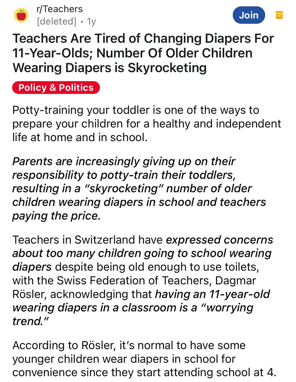 document - rTeachers deleted 1y Join Teachers Are Tired of Changing Diapers For 11YearOlds; Number Of Older Children Wearing Diapers is Skyrocketing Policy & Politics Pottytraining your toddler is one of the ways to prepare your children for a healthy and