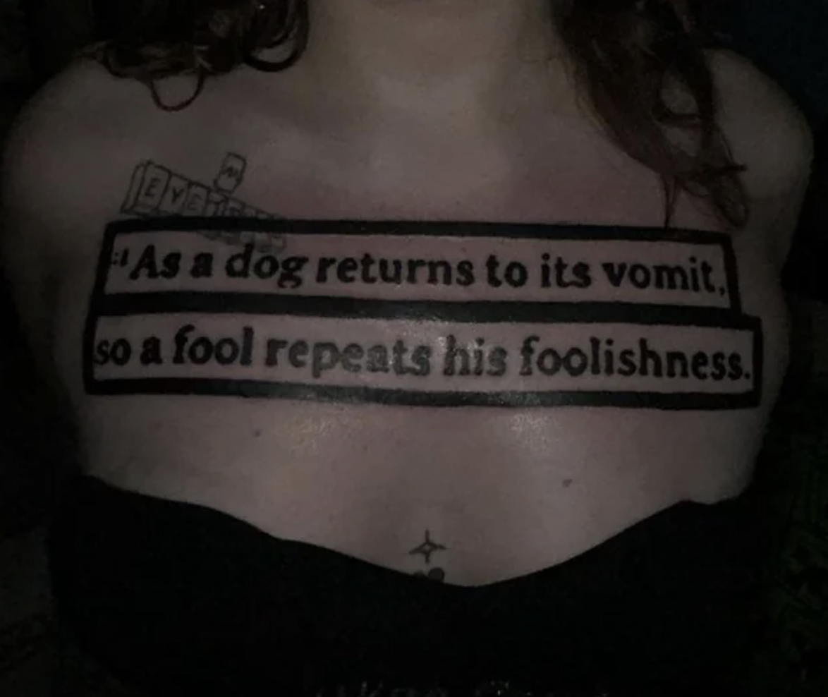 label - As a dog returns to its vomit, so a fool repeats his foolishness.